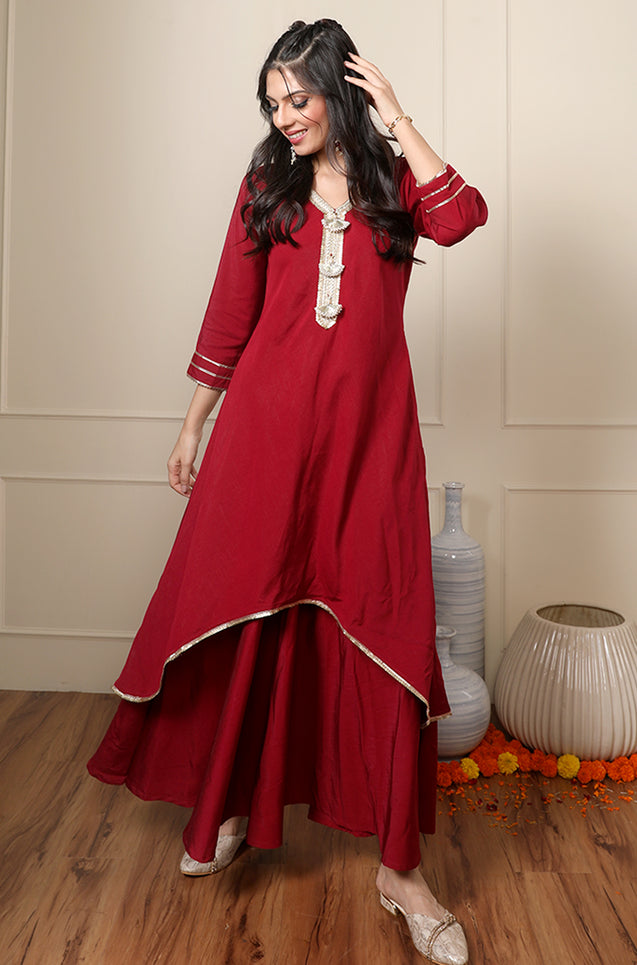 ROOH - Crimson Red Two Layered Gown