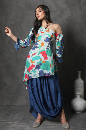 MASAKALI - Floral Asymmetrical Top With Draped Skirt