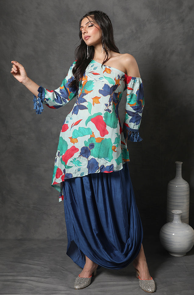MASAKALI - Floral Asymmetrical Top With Draped Skirt