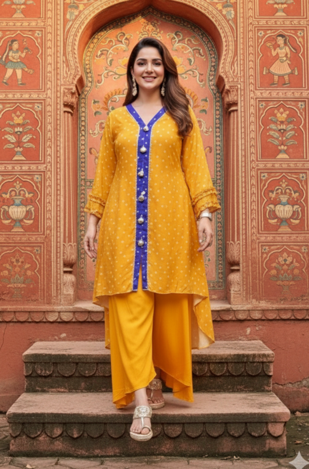 MEHER-Yellow  Bandhani  High-Low Kurta With  Flared Pant
