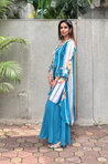 Sea Blue High-Low Kurta With Flared Pant
