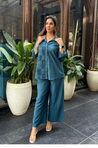 Rozana -Teal Blue Shirt Collar Cutwork Co-Ord Set with Straight Pants