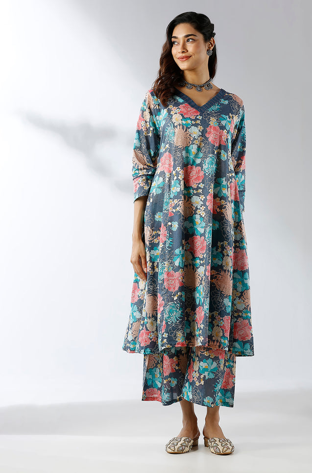 Dark Blue Printed Two Piece Set