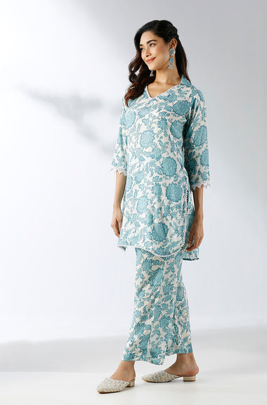 Pastel Blue Floral Printed Two Piece Set