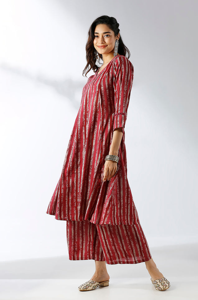 Maroon Stripped Printed Two Piece Set