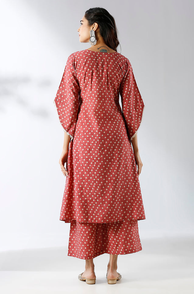 Rust Bandhani Print Two Piece Set