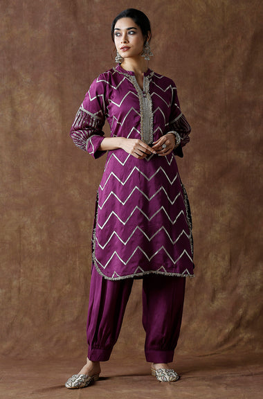 NOORANI-Wine Chevron Pattern  Kurta With Pathani Pant