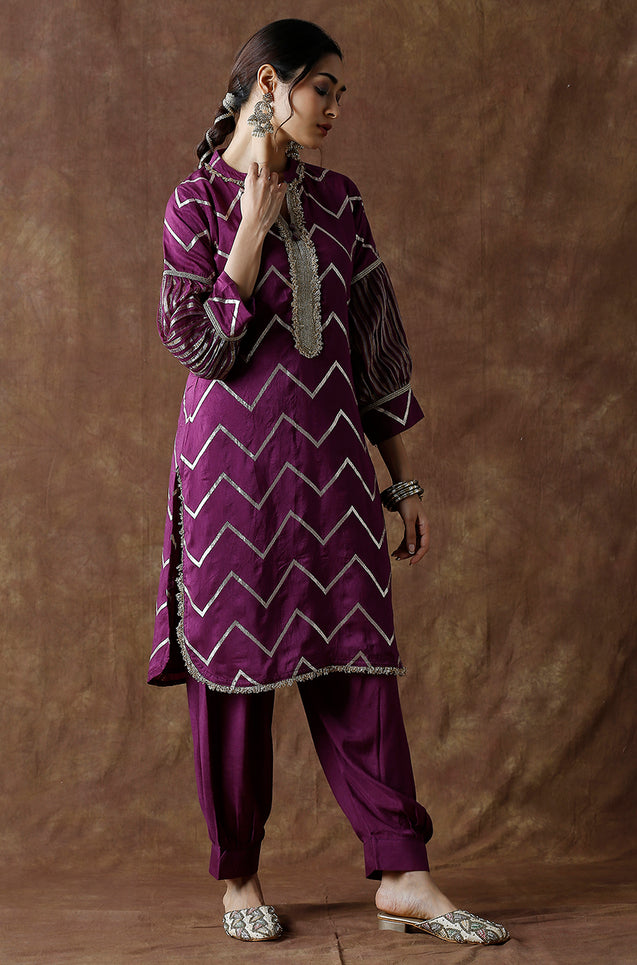 NOORANI-Wine Chevron Pattern  Kurta With Pathani Pant