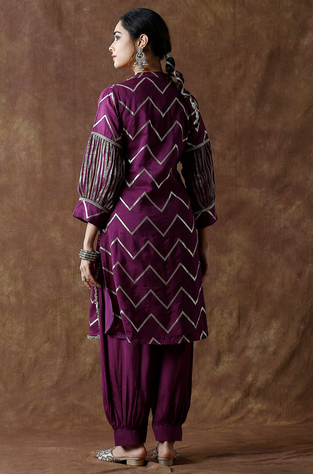 NOORANI-Wine Chevron Pattern  Kurta With Pathani Pant