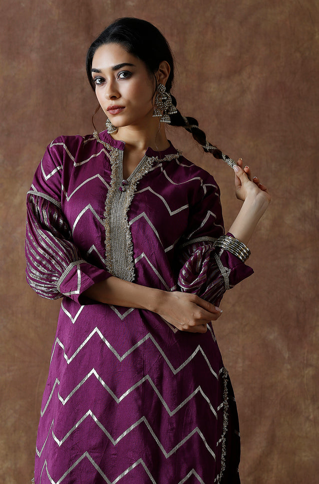 NOORANI-Wine Chevron Pattern  Kurta With Pathani Pant