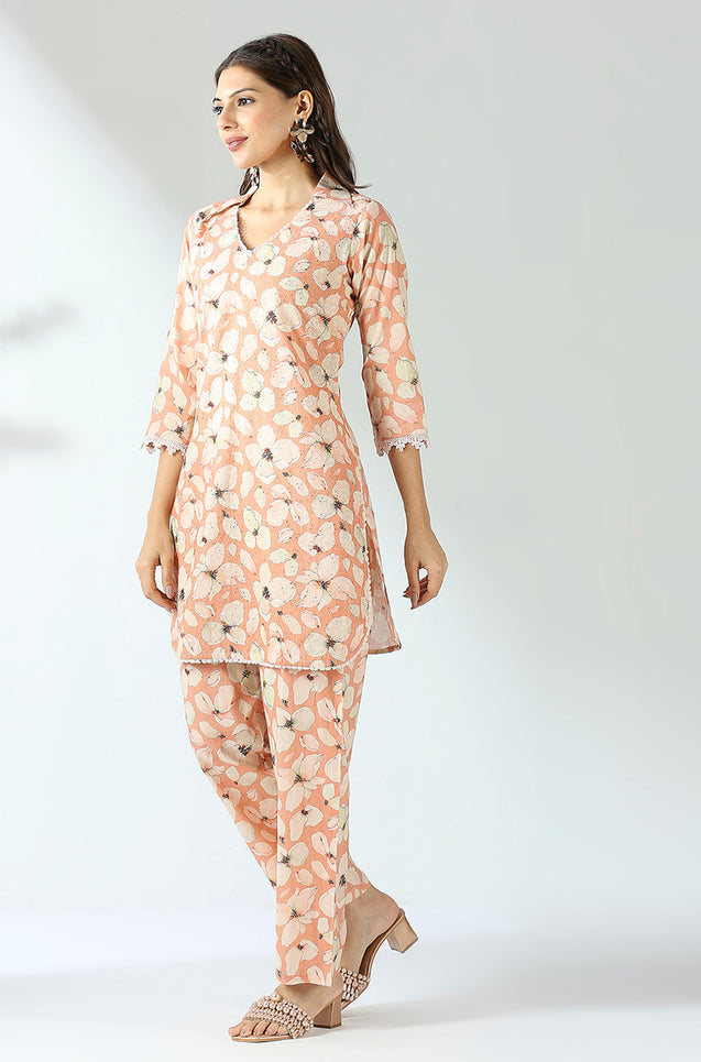 Peach Floral Hakoba Co-ord Set