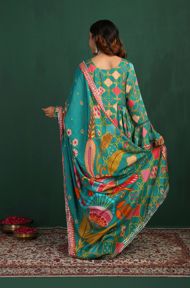 GEET-Jade Green Three Piece Suit Set With Printed Dupatta