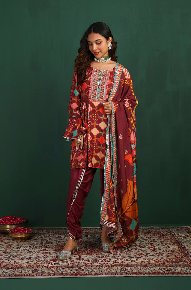 GEET-Royal Maroon Three Piece Suit Set With Printed Dupatta