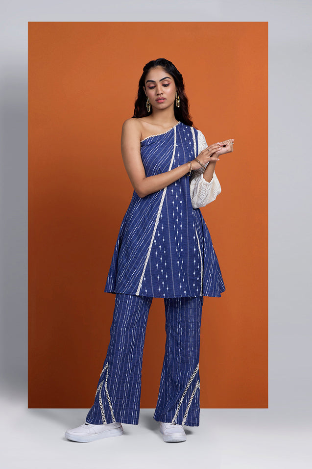 DHUNKI - Denim Look  One Shoulder Two Piece Set