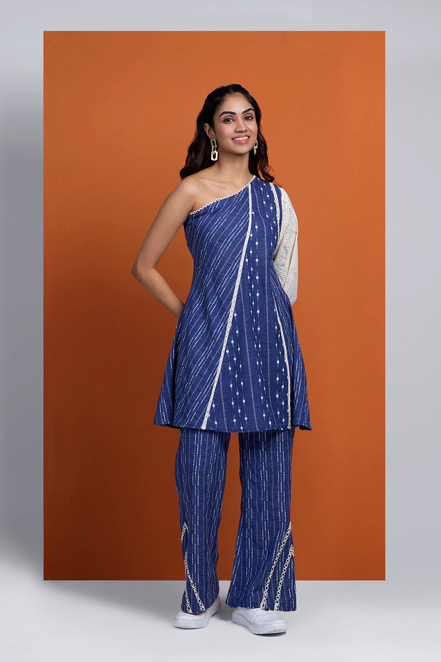 DHUNKI - Denim Look  One Shoulder Two Piece Set