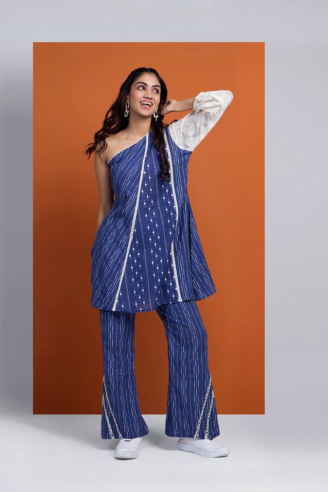 DHUNKI - Denim Look  One Shoulder Two Piece Set