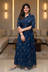 Navy Blue Printed Button Down Shirt  Gown With Belt