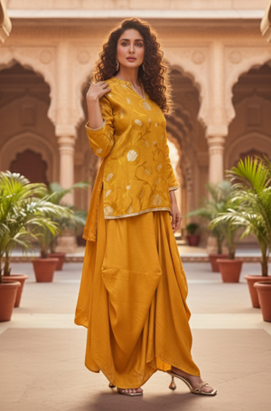 FITOOR-Golden Mustard Short Kurta with Drape Skirt