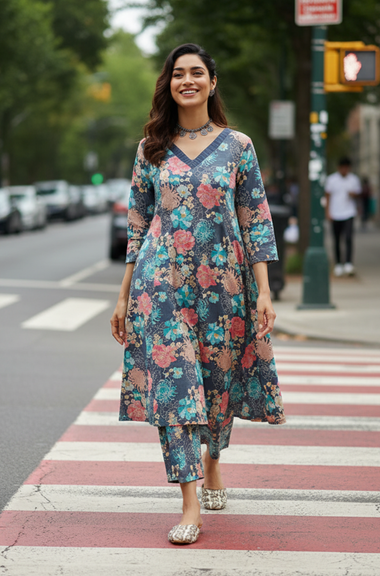 Dark Blue Printed Two Piece Set
