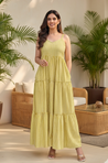 REZAAR- Lime Green Striped Tiered Gown with Printed Jacket