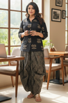 ROZANA- Black Lotus Printed Drape Skirt With Short Shirt
