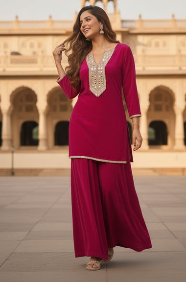 FITOOR - Magenta Short Kurta With Cowl Pant