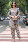 SEHAJ-Asymmetric  striped Grey cord set