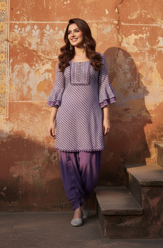 Go Leheriya - Amethyst Purple Kurta with Ruffled Dhoti Pants - Ishnya
