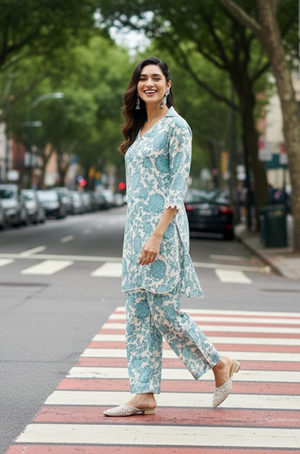 Pastel Blue Floral Printed Two Piece Set