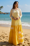 LEHER -Yellow Ombre Tiered Gown With Knit Jacket