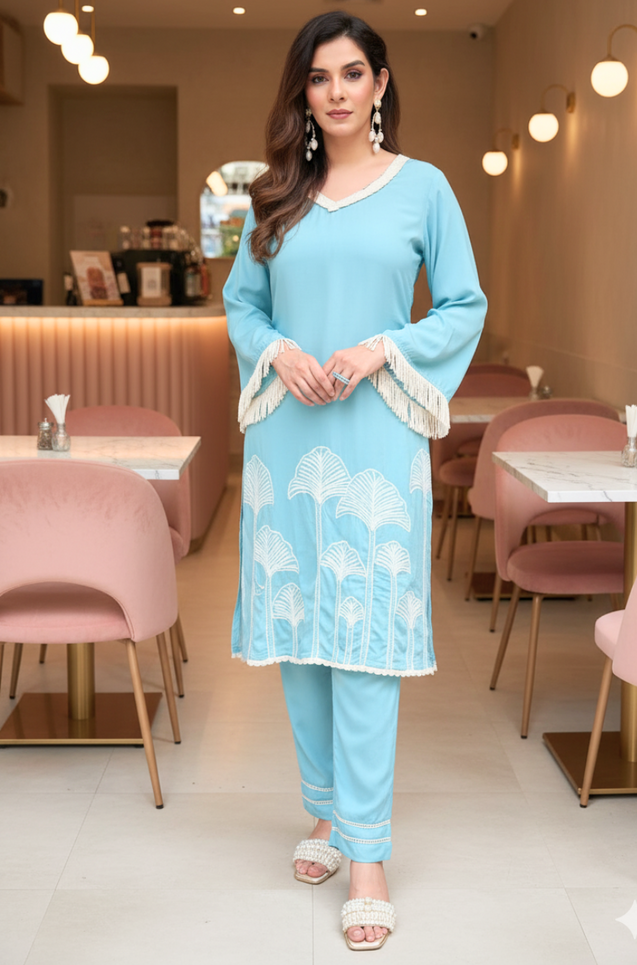 ZAHA - Pastel Blue Embroidered Two Piece Set