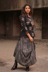ROZANA- Black Lotus Printed Drape Skirt With Short Shirt