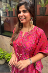 Festive- Pink Patola Asymmetrical Kaftan & Straight Pants Set with Shell Work