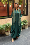 Rozana- Green Cotton Slub Elegant Fusion Drape Dress