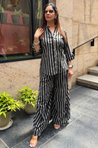 Rozana-Black and Grey Stripes Drape Pants Co-Ord Set (Pre-Order)