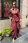 REZAAR-Brown Drape Skirt Co-Ord Set with Shirt Top