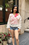 SUMMER SPECIAL - Pink halter neck top with mul overlay