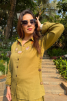 REZAAR- Olive Drape Skirt Co-Ord Set with Shirt Top
