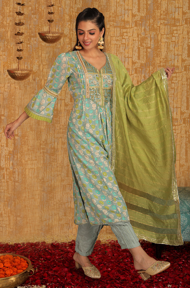 INNAYAT - Blue Three Piece Suit Set With Intricate Embroidery