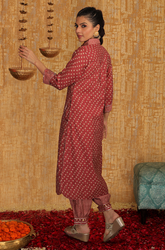 DESI SWAG - Rust Bandhani Printed Pathani Set