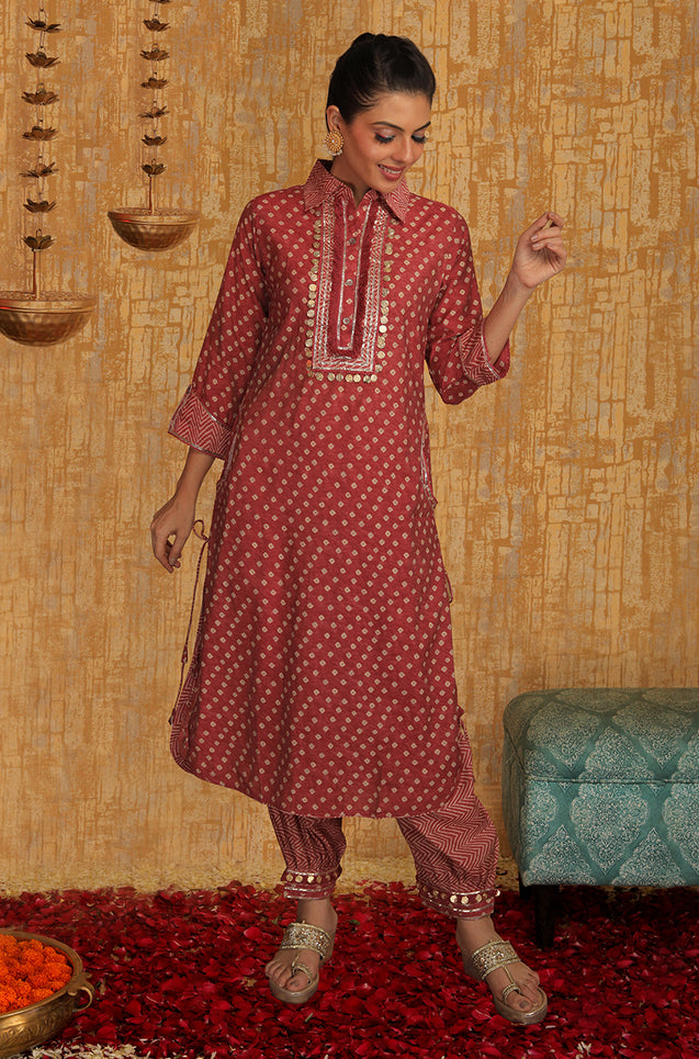 DESI SWAG - Rust Bandhani Printed Pathani Set