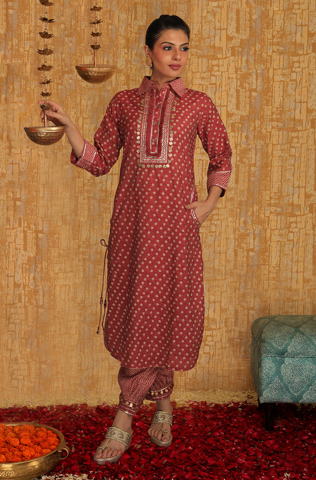 DESI SWAG - Rust Bandhani Printed Pathani Set