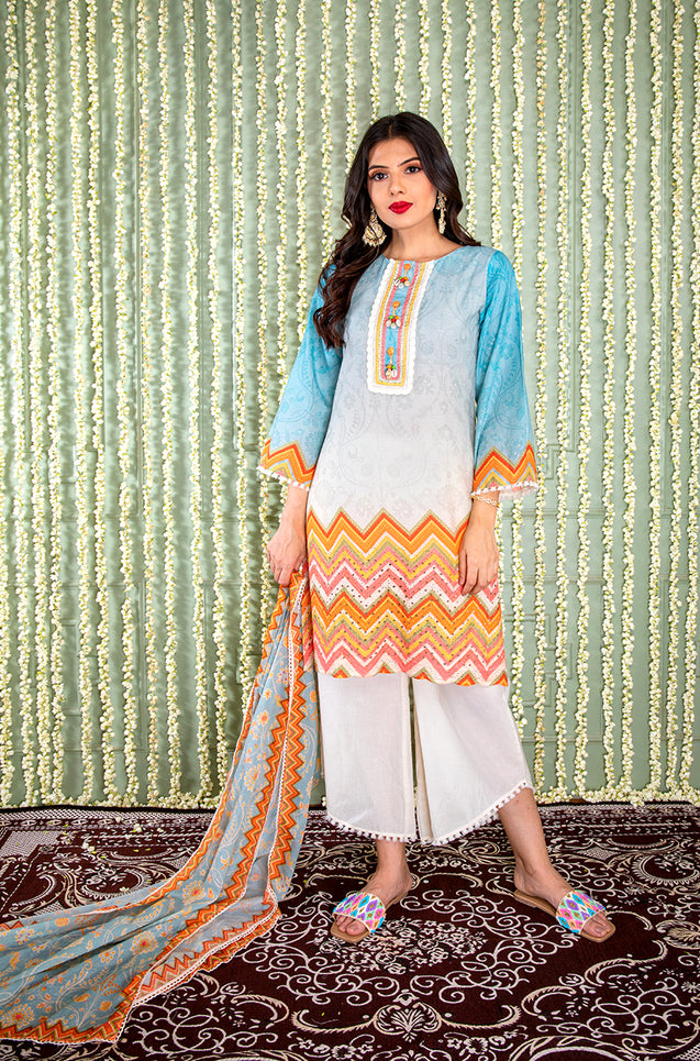 KHWAAB - Lagoon Blue Three Piece Suit Set