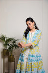 Yellow and Blue Printed Mul Tiered Jakcet With Inner & Tulip