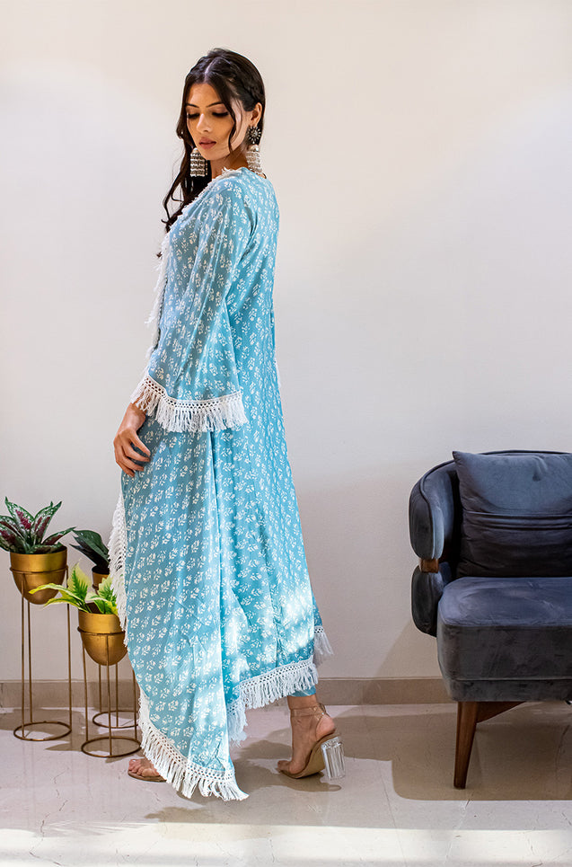 MATARGASHTI - Blue Asymmetrical Long Kurta with Dhoti  Pants
