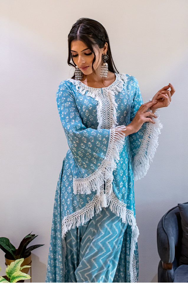 MATARGASHTI - Blue Asymmetrical Long Kurta with Dhoti  Pants