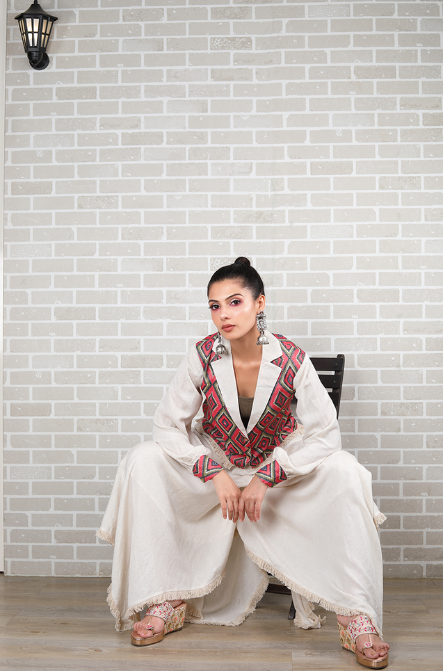 METTLE- Blue Diamond Print Blazer and  Divider Skirt Set