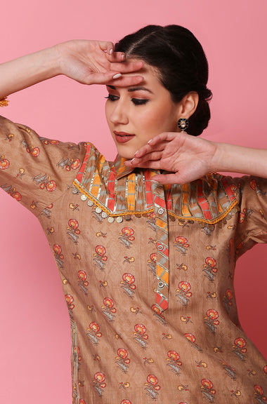 DESI SWAG -  Mango and Coral Printed Two Piece Pathani Set