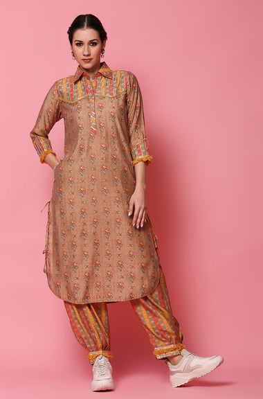 DESI SWAG -  Mango and Coral Printed Two Piece Pathani Set