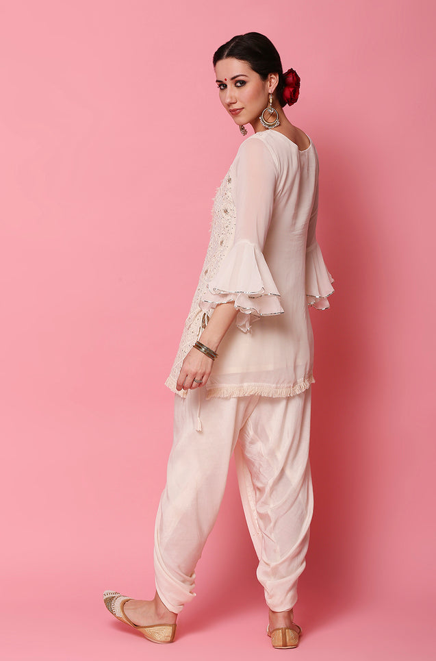 Kudi with a Swag!! - Lucknowi Kurta with Tulip Pants - Ivory